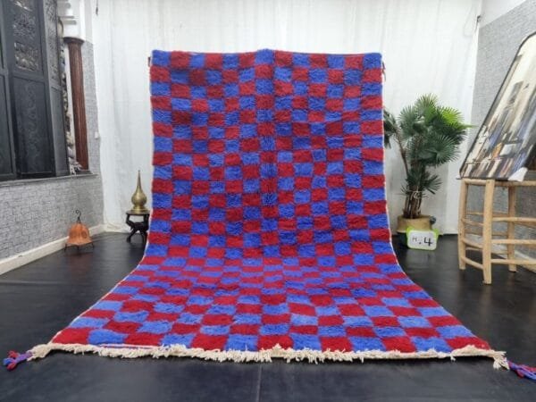 Dihya – Checkerboard Moroccan Carpet - Blue and Red Design