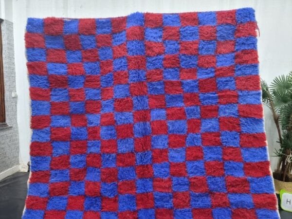 Dihya – Checkerboard Moroccan Carpet - Blue and Red Design
