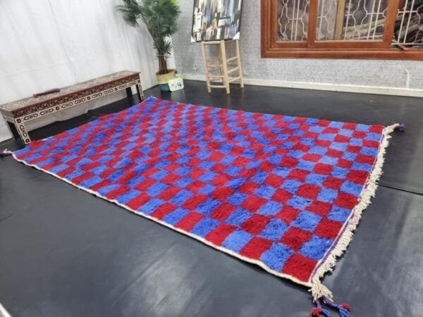 Dihya – Checkerboard Moroccan Carpet - Blue and Red Design