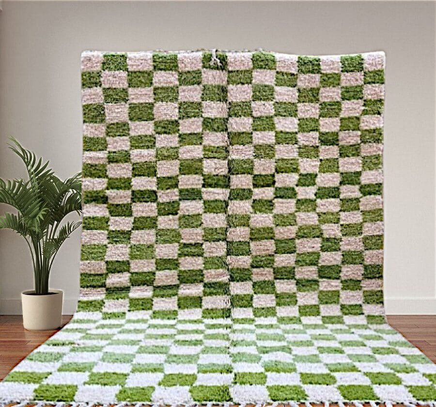 Safa – Green Checkered Moroccan Rug - Handmade Elegance