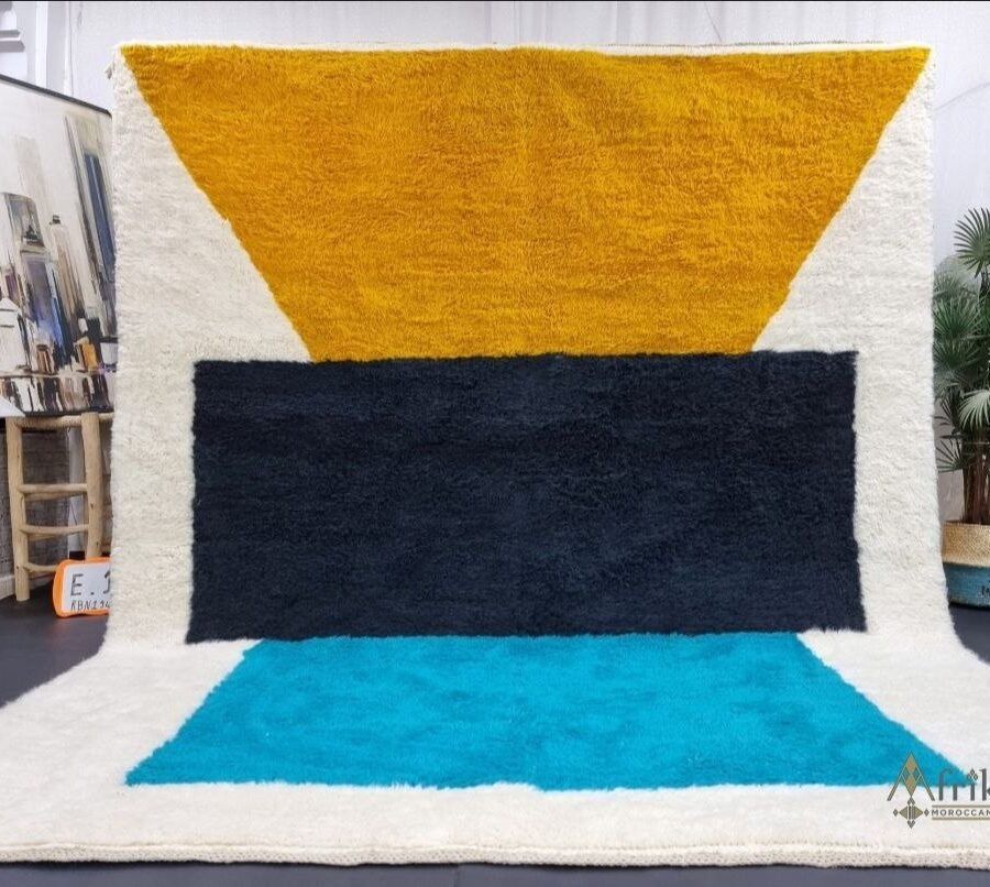 Blue Yellow Rug – Handwoven Moroccan Wool Carpet Blue Yellow Rug